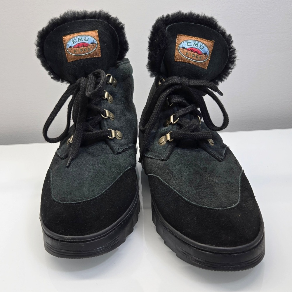Vintage 90s EMU Ridge Sheepskin Boots Women 10 Black Suede Shearling Hiking Warm - Picture 2 of 9